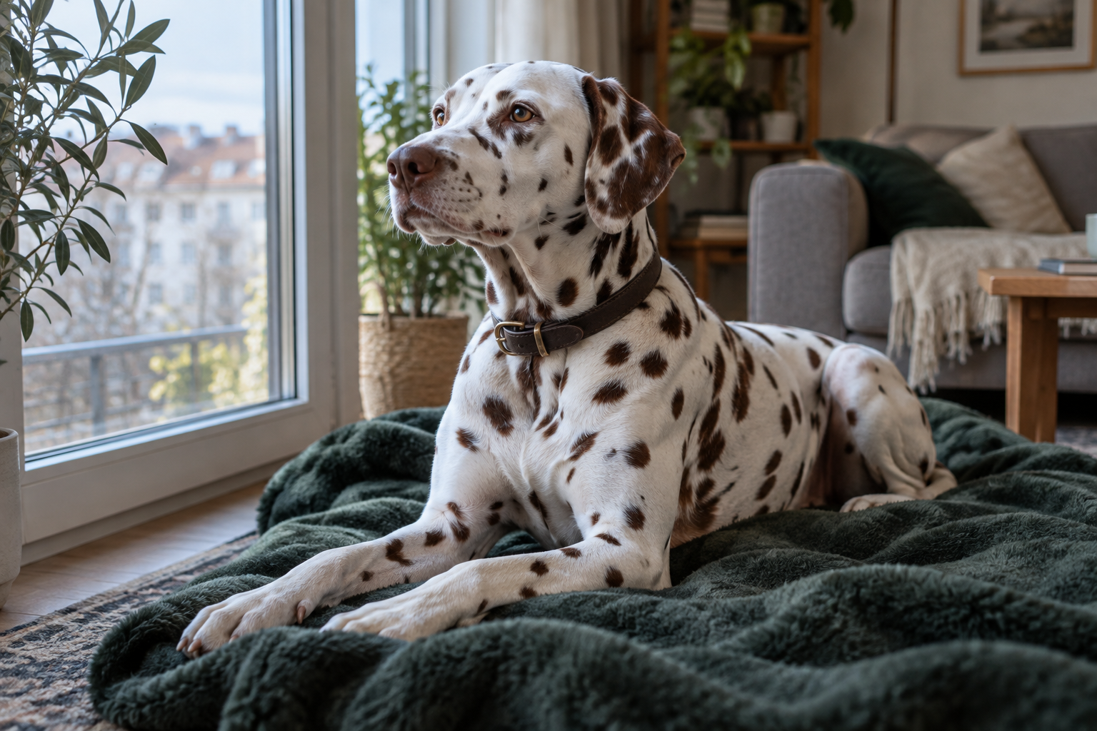Dalmatínec odpočíva počas veterinárnej liečby respiračného ochorenia
